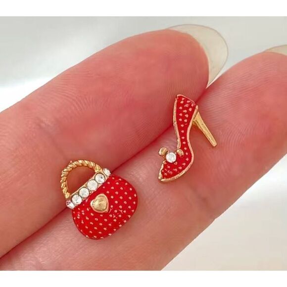 NWT 14K Gold Plated Red Rhinestone High Hell Purse Dainty Earrings - Picture 2 of 4